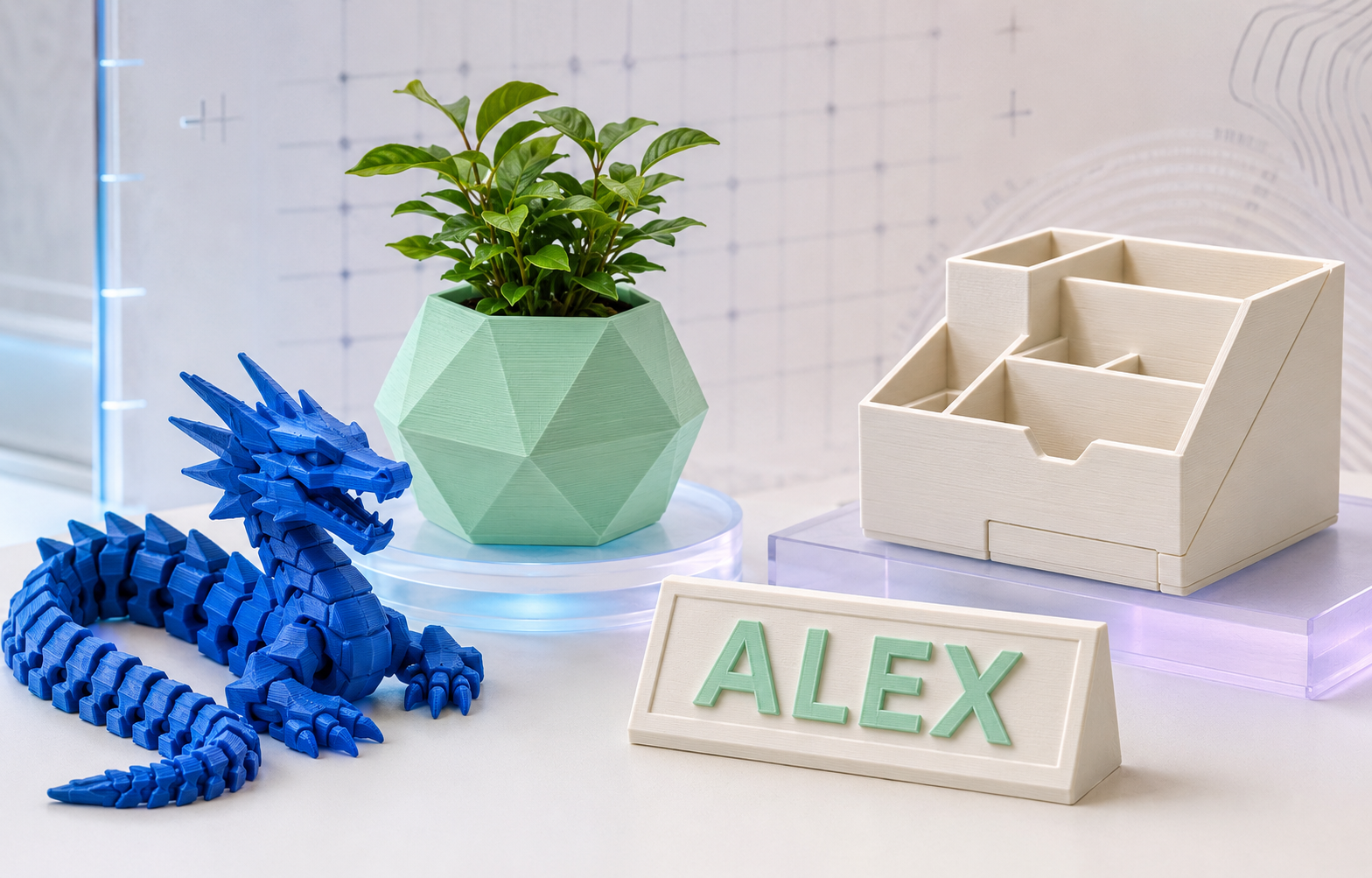 A collection of 3D-printed products